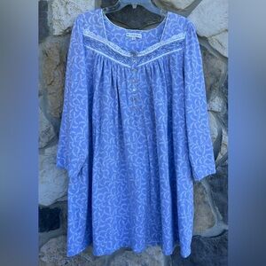 Eileen West Nightgown 2X Blue Floral Cotton Cottagecore Loungewear Long Sleeve